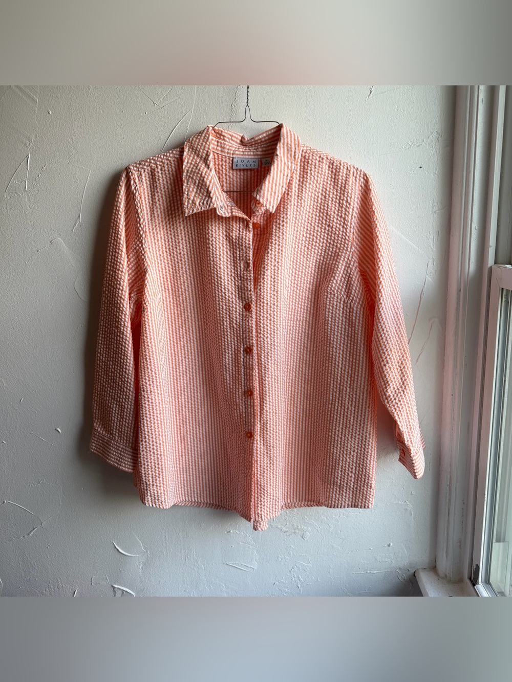 Joan Rivers Textured Orange and White Gingham check pattern button down Size LP